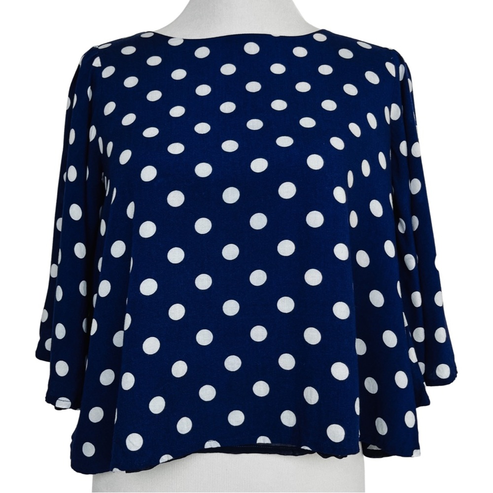 Anthropologie Isla Maude Valentina Floral Top Navy Blue White Polka Dot Small - Picture 5 of 9